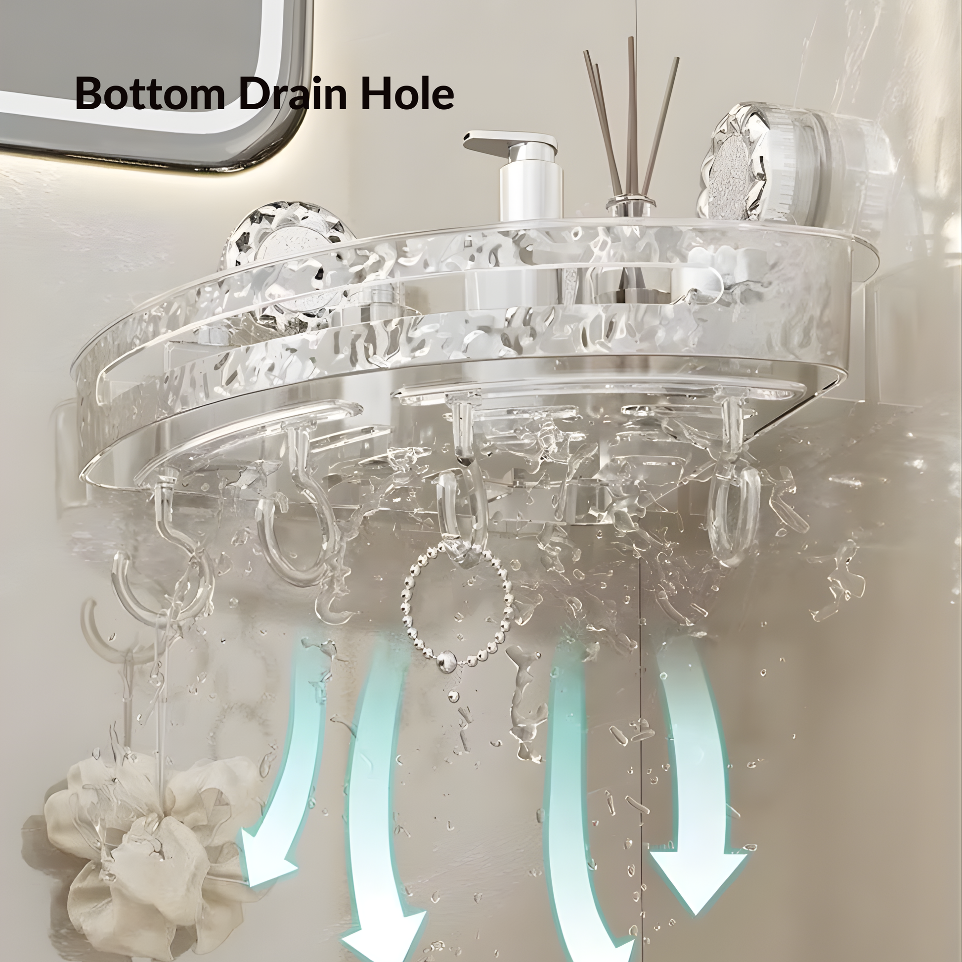 Best1 no drill corner shower shelf with hooks, featuring a luxury textured design for bathroom wall organization.