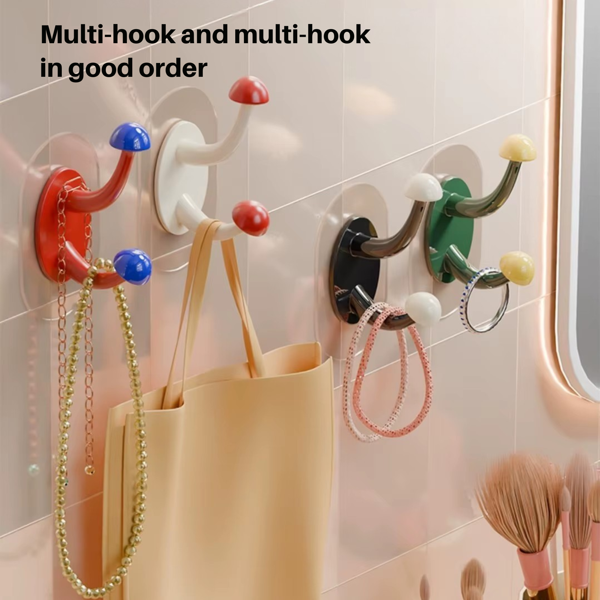 Best1 cute mushroom adhesive wall hooks in a pack of 4, showcasing colorful designs perfect for decorative use.