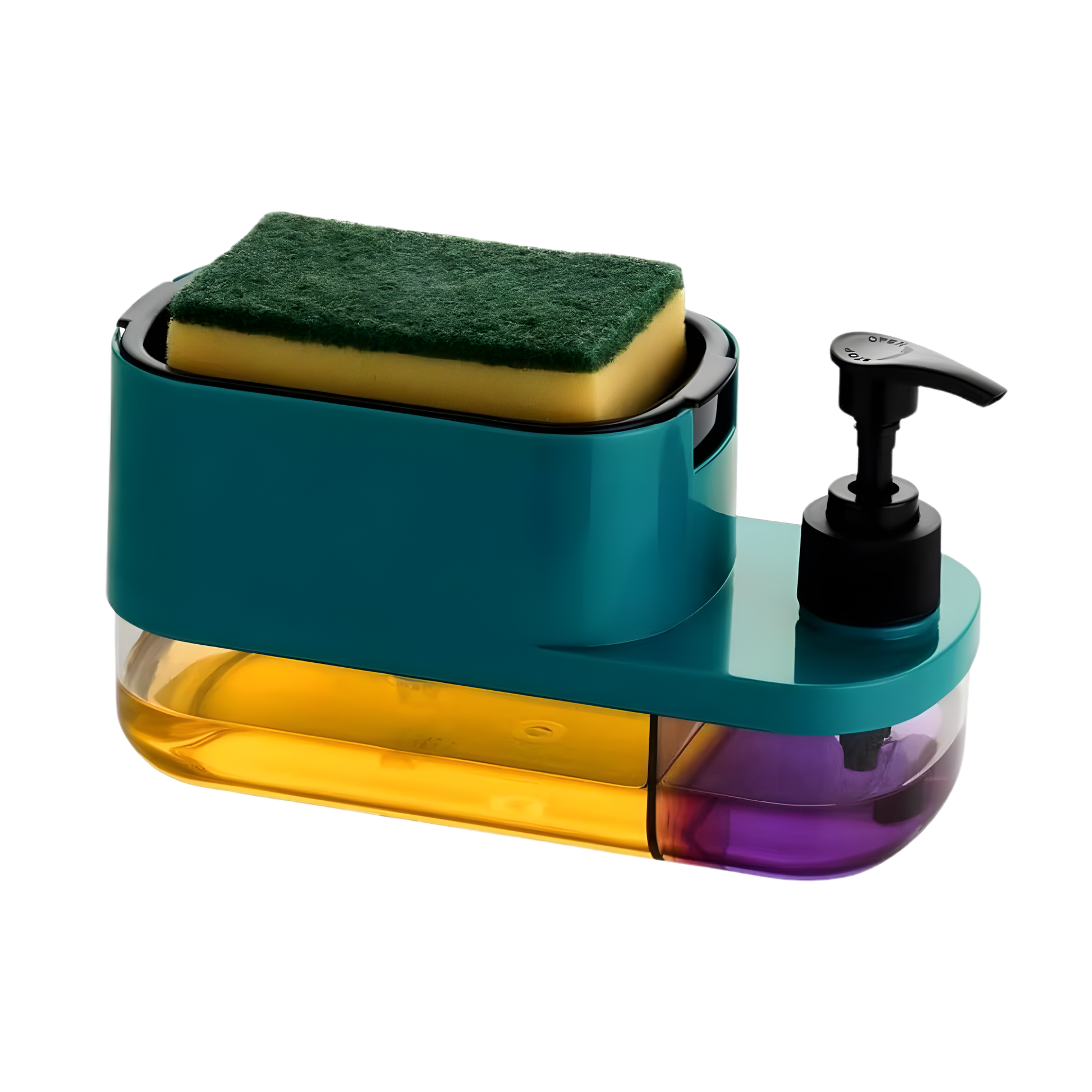 Best1 3 in 1 kitchen dish soap pump dispenser with sponge holder on a countertop, featuring sleek design and organized storage.