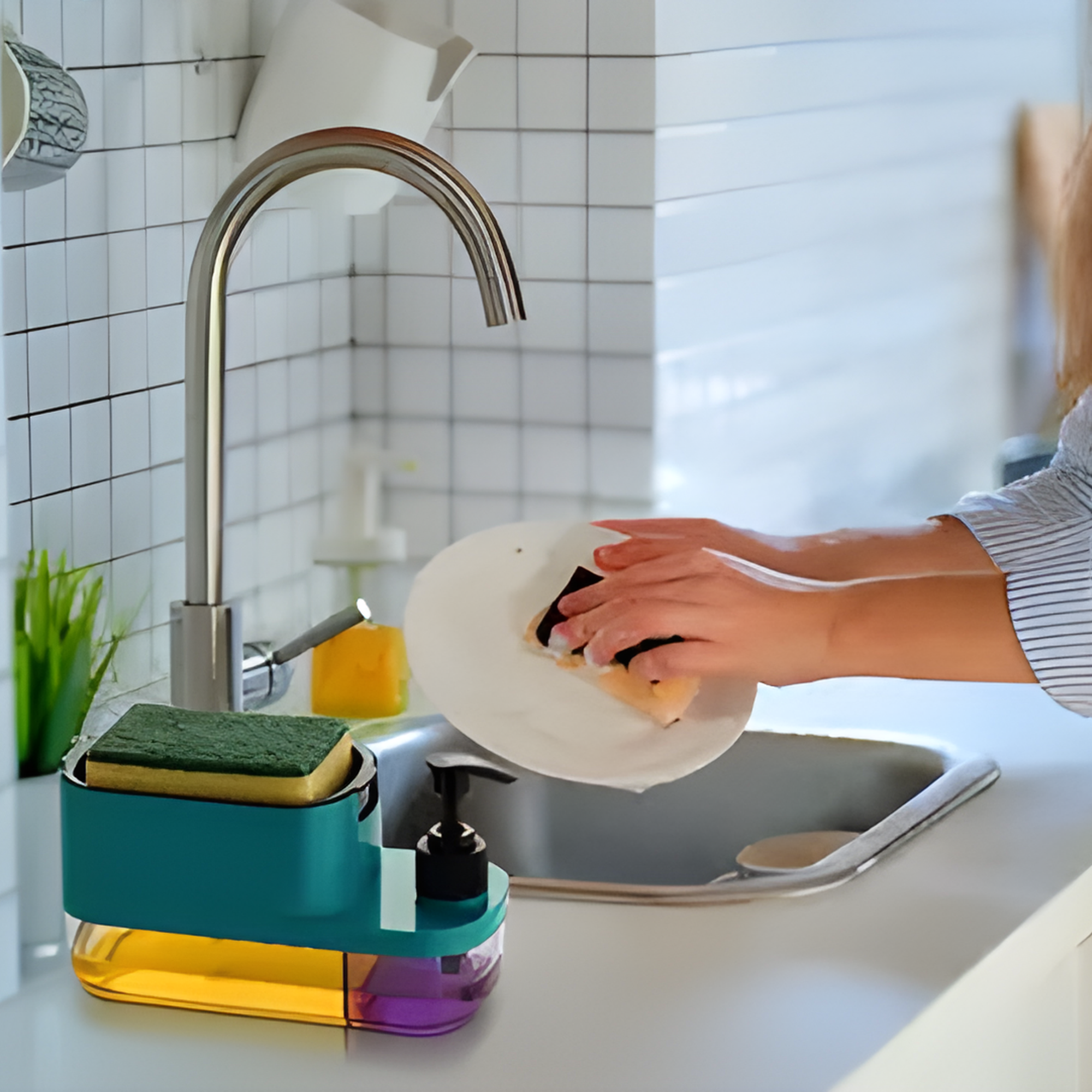Best1 3 in 1 kitchen dish soap pump dispenser with sponge holder on a sink countertop, organized and tidy.