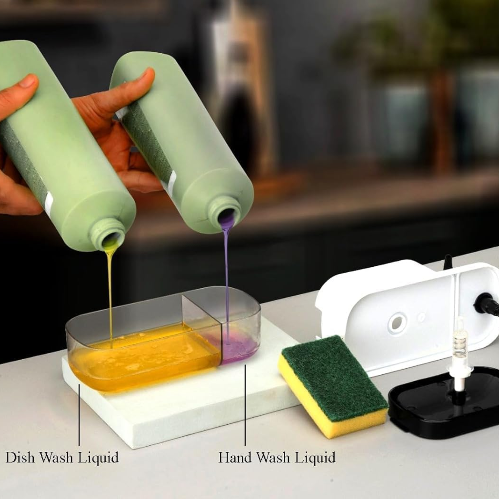 Best1 3 in 1 kitchen dish soap pump dispenser with sponge holder on a sink countertop, featuring an organized design.
