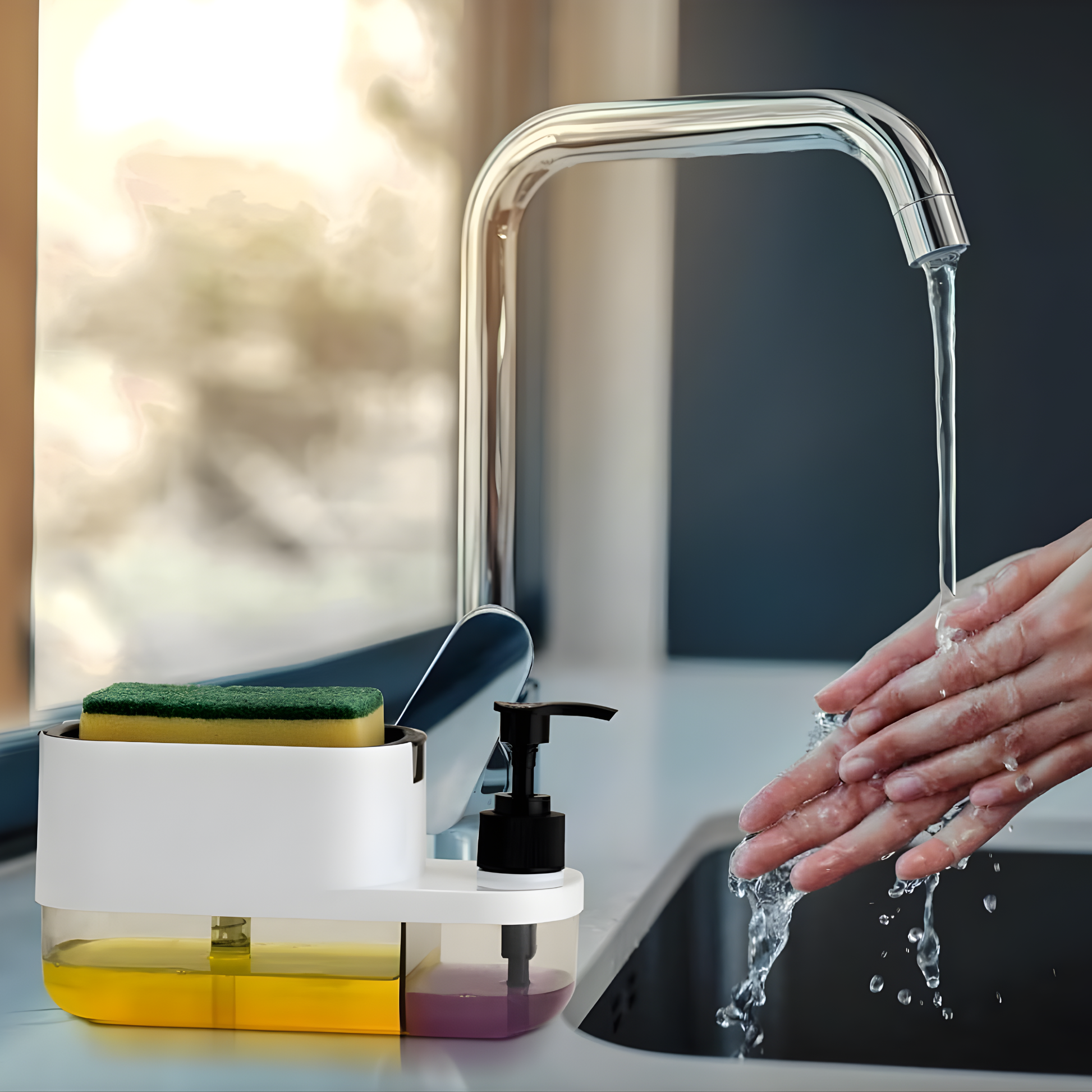 Best1 3 in 1 kitchen dish soap pump dispenser with sponge holder on a sink countertop organizer.