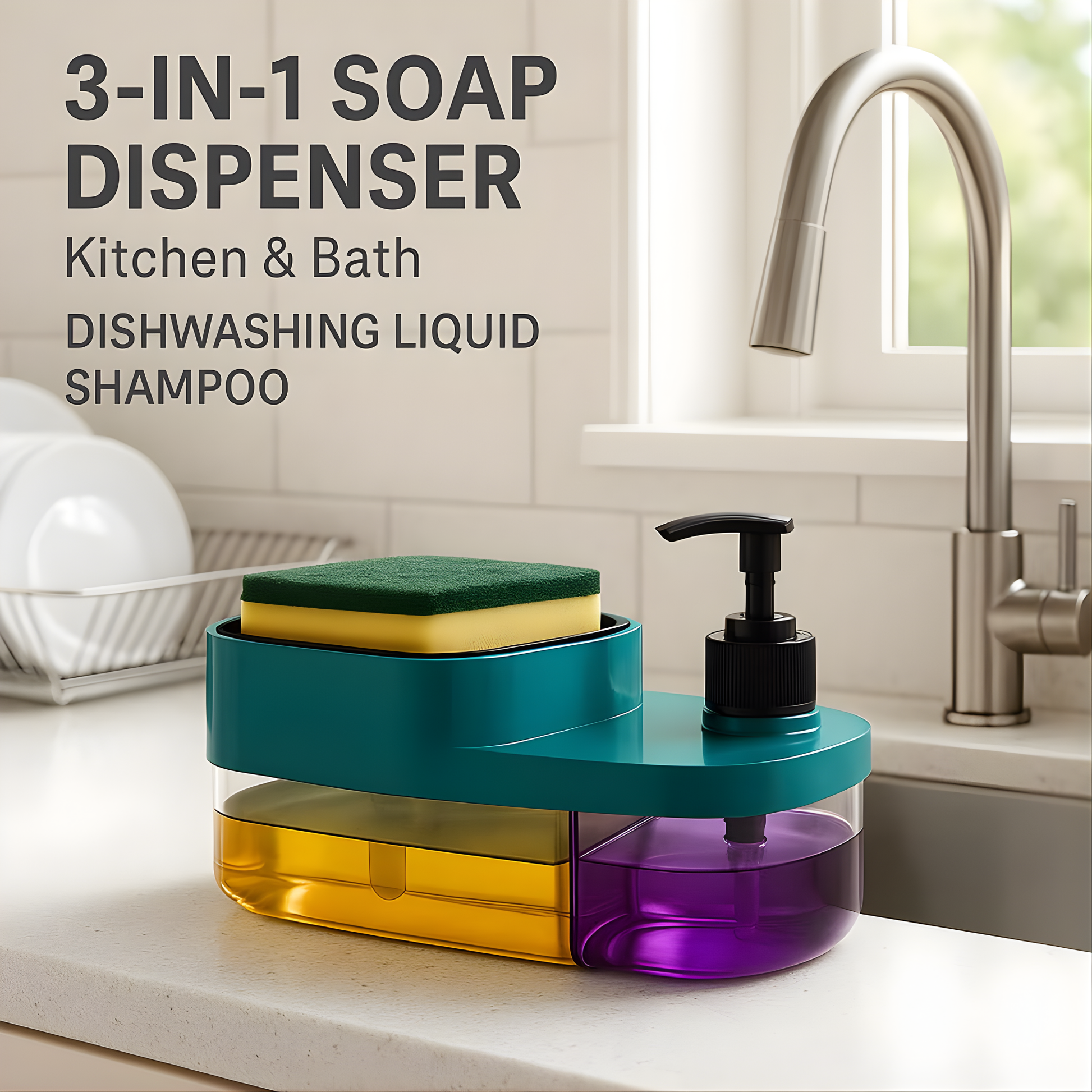Best1 3 in 1 kitchen dish soap pump dispenser with sponge holder on a countertop, showcasing organized sink essentials.