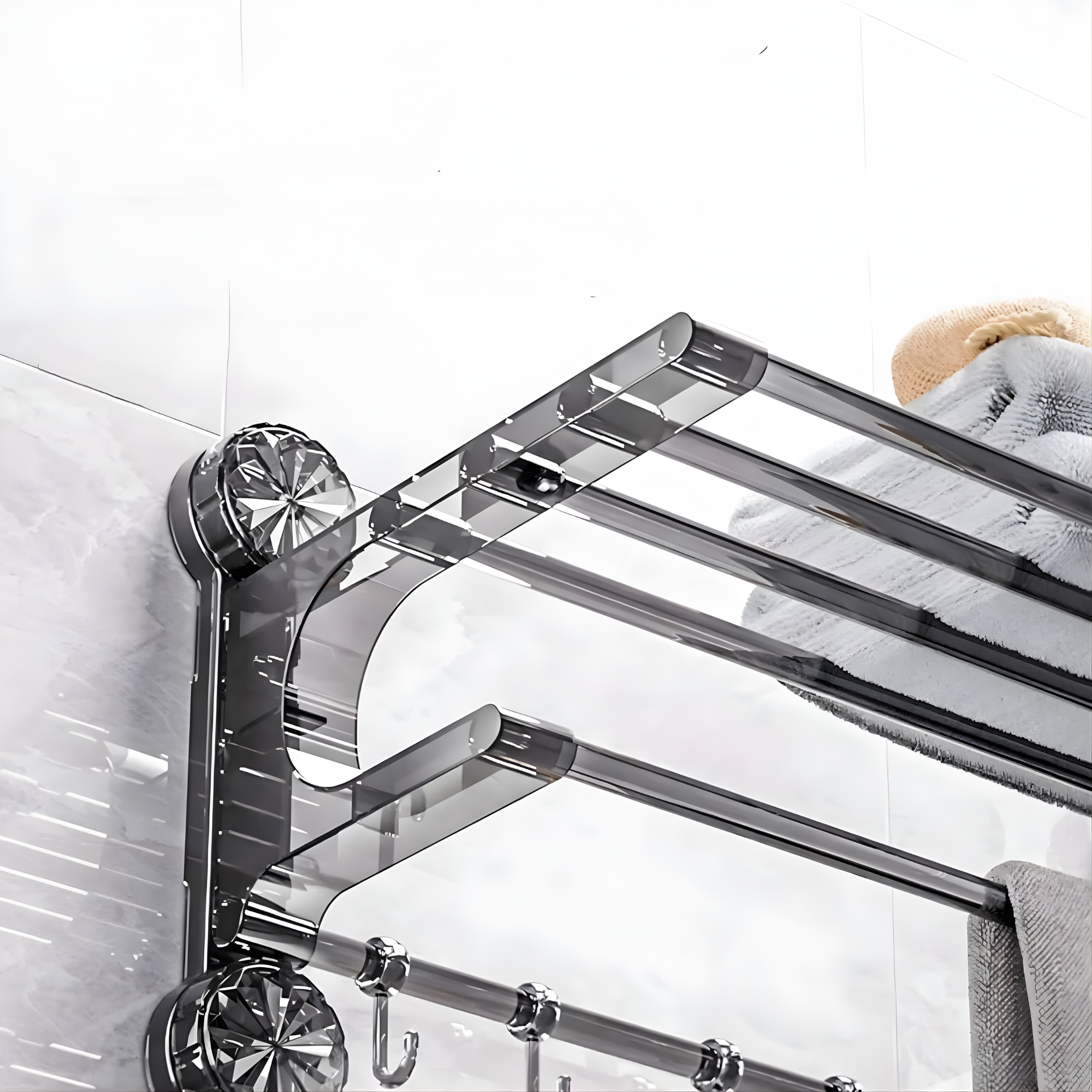 Best1 double tier wall mounted stainless steel towel rack with towels neatly arranged on each shelf.