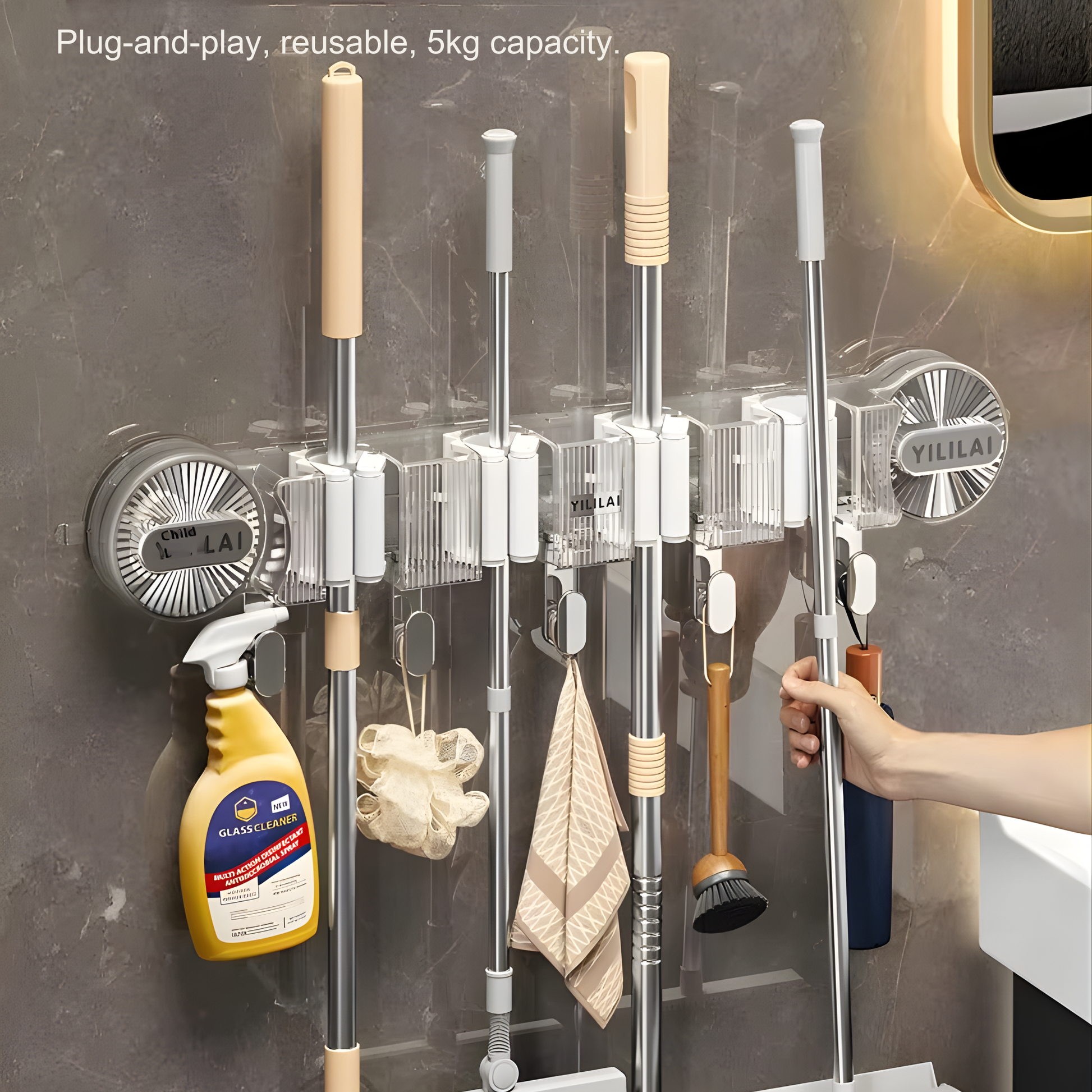 Best1 wall mounted broom and mop holder with hooks, featuring a no-drill design for easy organization in cleaning spaces.