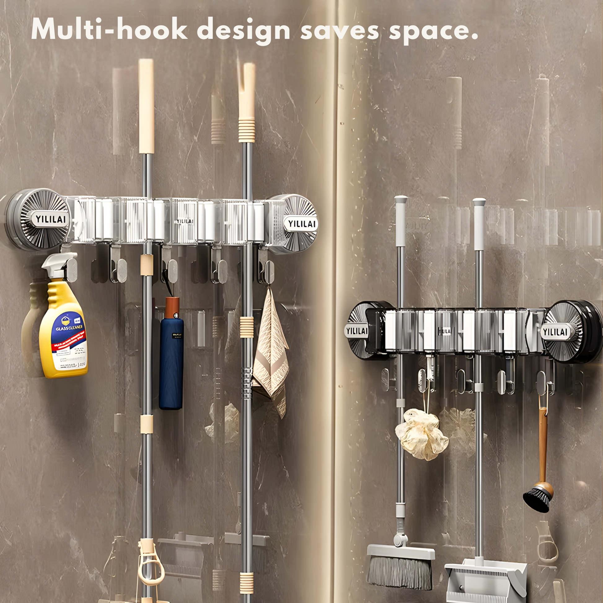 Best1 wall mounted broom and mop holder with hooks, featuring a sleek design for organized cleaning tools.