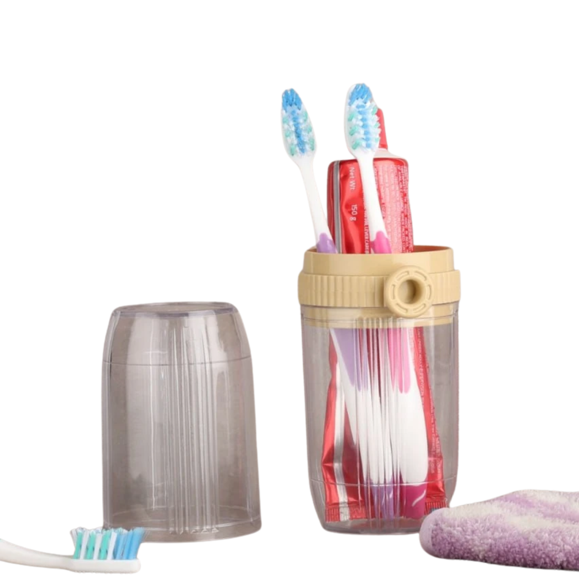 Best1 portable toothbrush and toothpaste storage cup in travel-friendly design, featuring organized compartments for hygiene essentials.