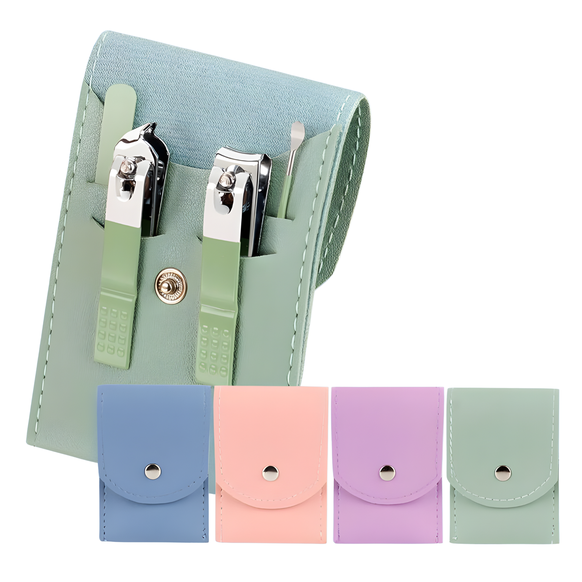 Best1 4-piece stainless steel nail clipper set displayed with a leather case on a neutral background.