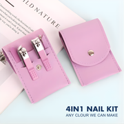 Best1 4-piece stainless steel nail clipper set displayed with a sleek leather case, ideal for manicures and grooming.