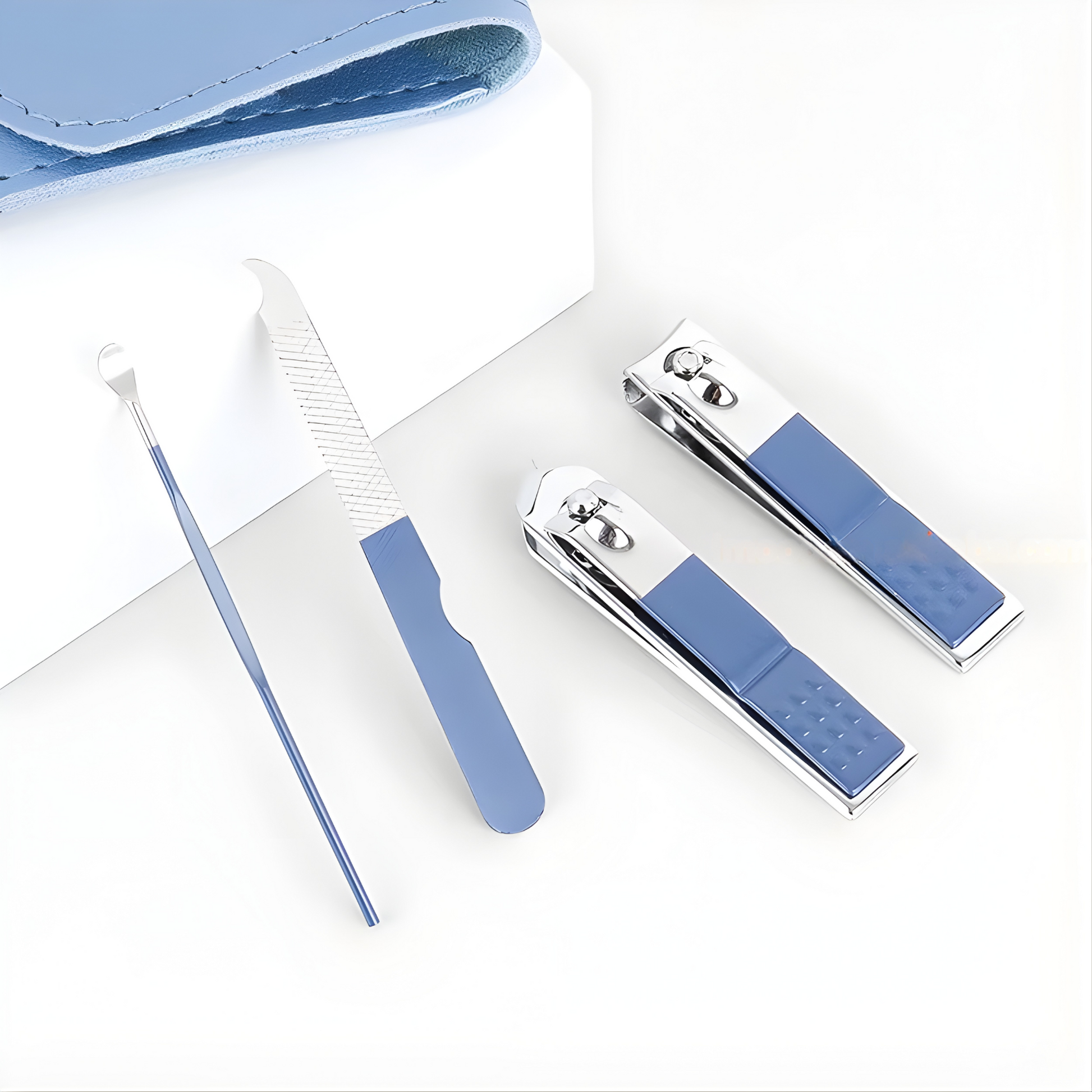 Best1 4-piece stainless steel nail clipper set displayed with a sleek leather case on a neutral background.