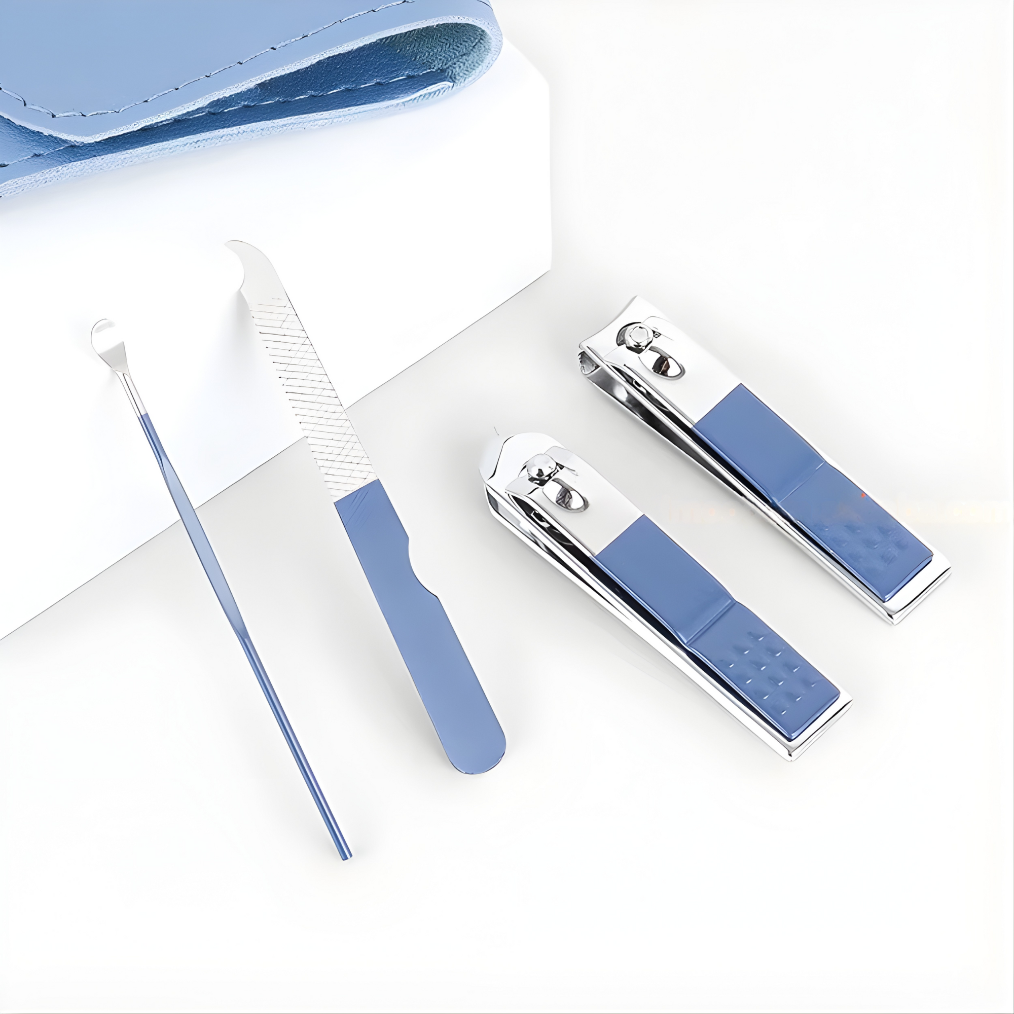 Best1 4-piece stainless steel nail clipper set displayed with a sleek leather case on a neutral background.
