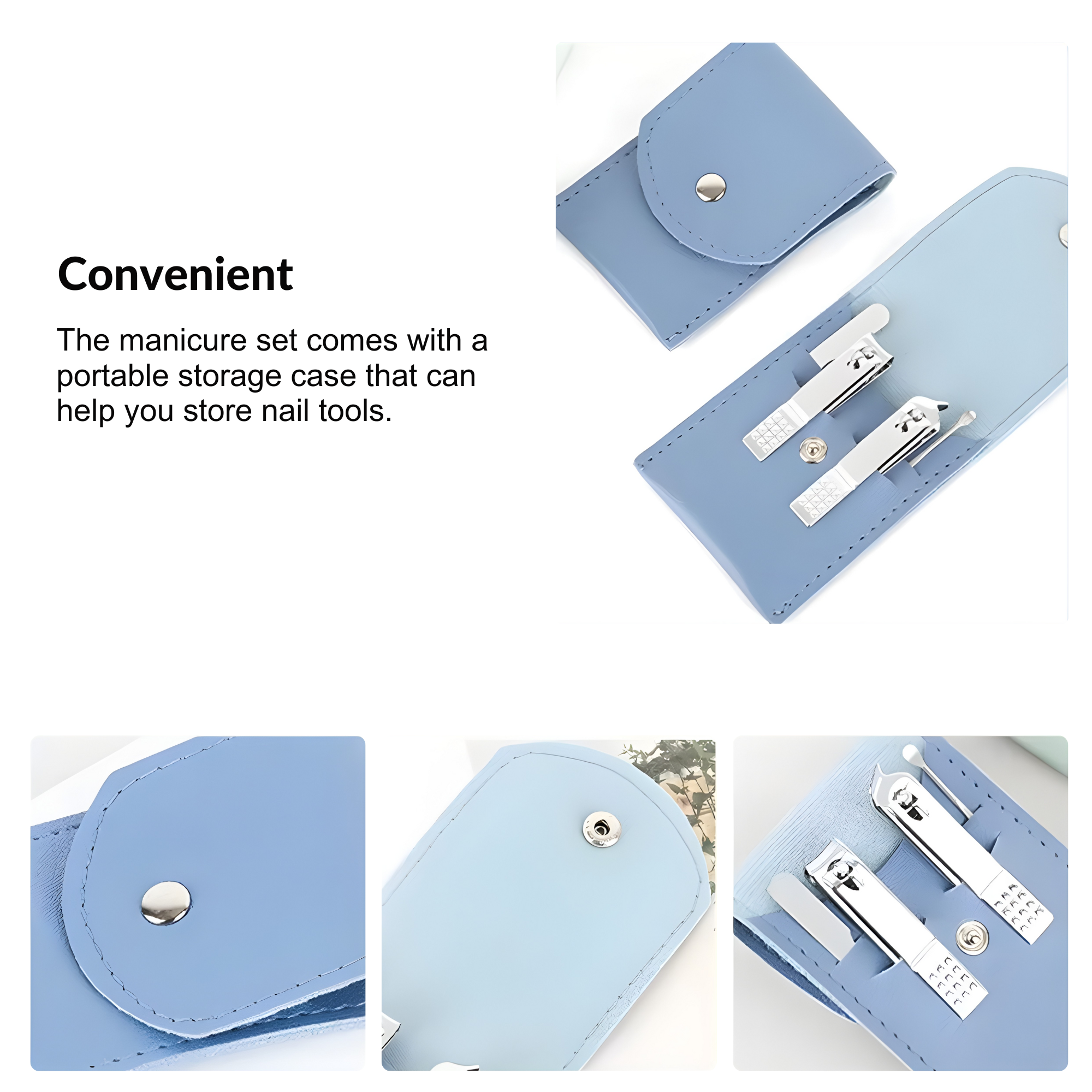 Best1 4-piece stainless steel nail clipper set with leather case displayed on a wooden surface.