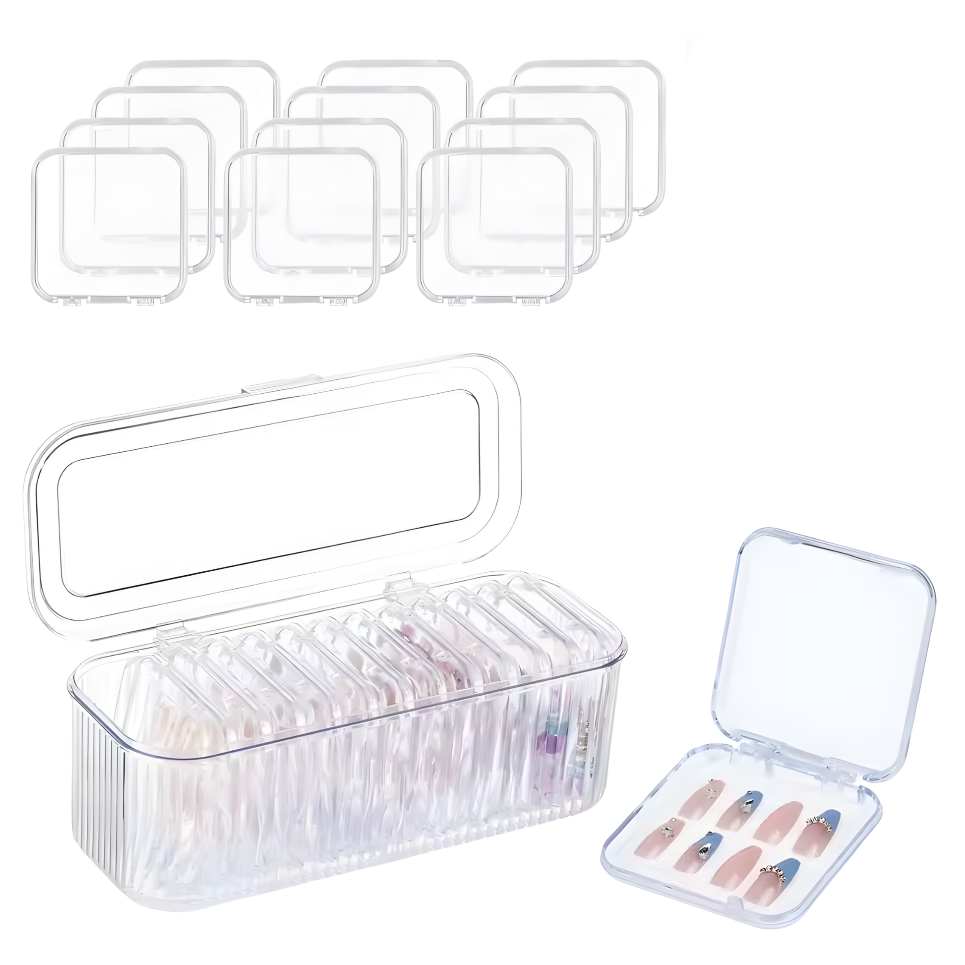 Best1 large capacity transparent jewelry organizer box with 10-grid removable storage for nail art tips and accessories.