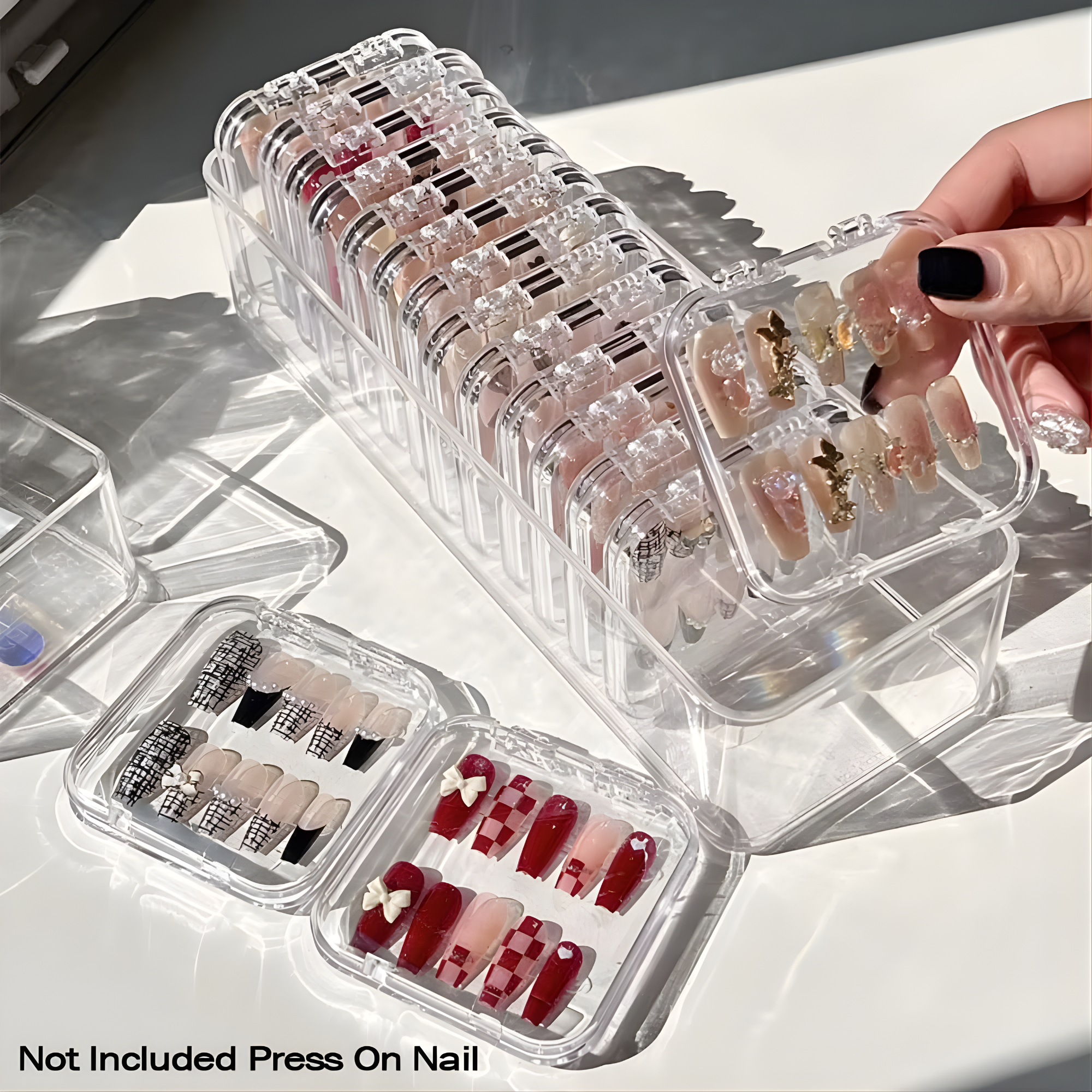 Best1 large capacity transparent jewelry organizer box with 10-grid removable storage for nail art tips and accessories.
