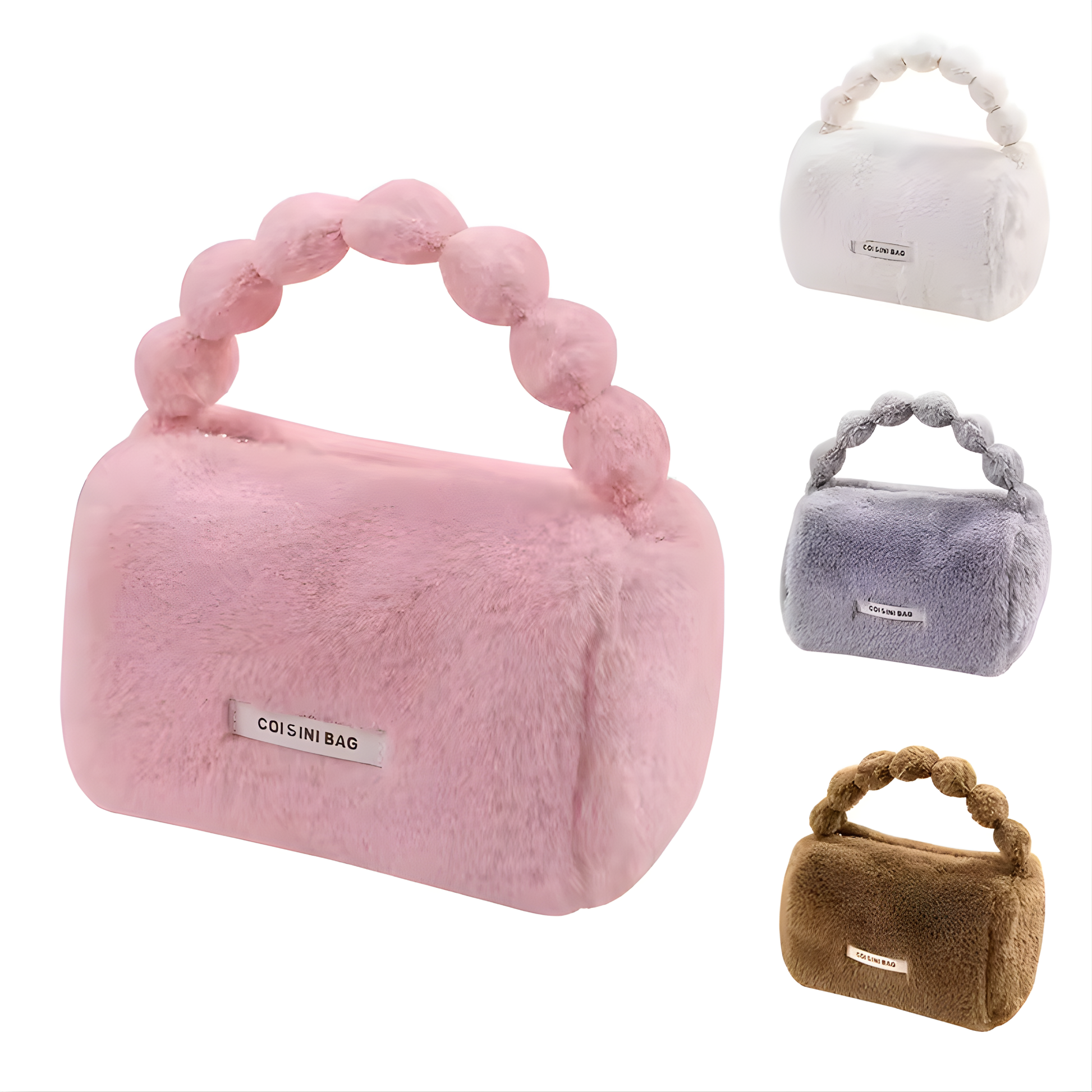 Best1 luxury fluffy faux fur cosmetic bag in soft pink, featuring a zip closure and spacious interior for makeup storage.