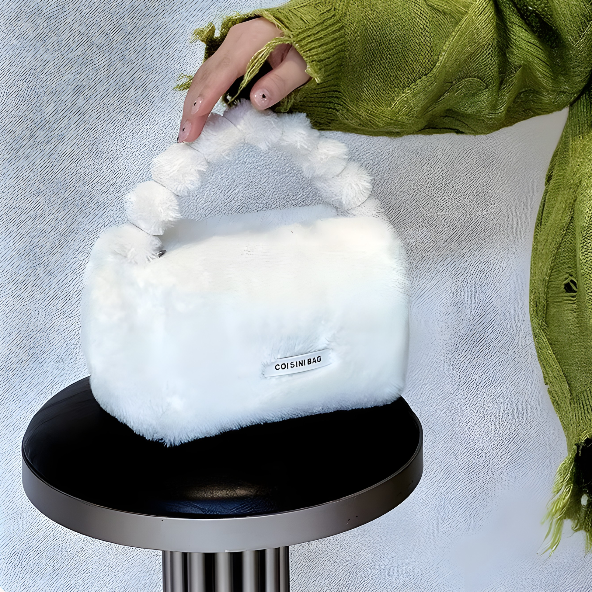 Best1 luxury fluffy faux fur cosmetic bag in soft pink, perfect for travel makeup storage and organization.