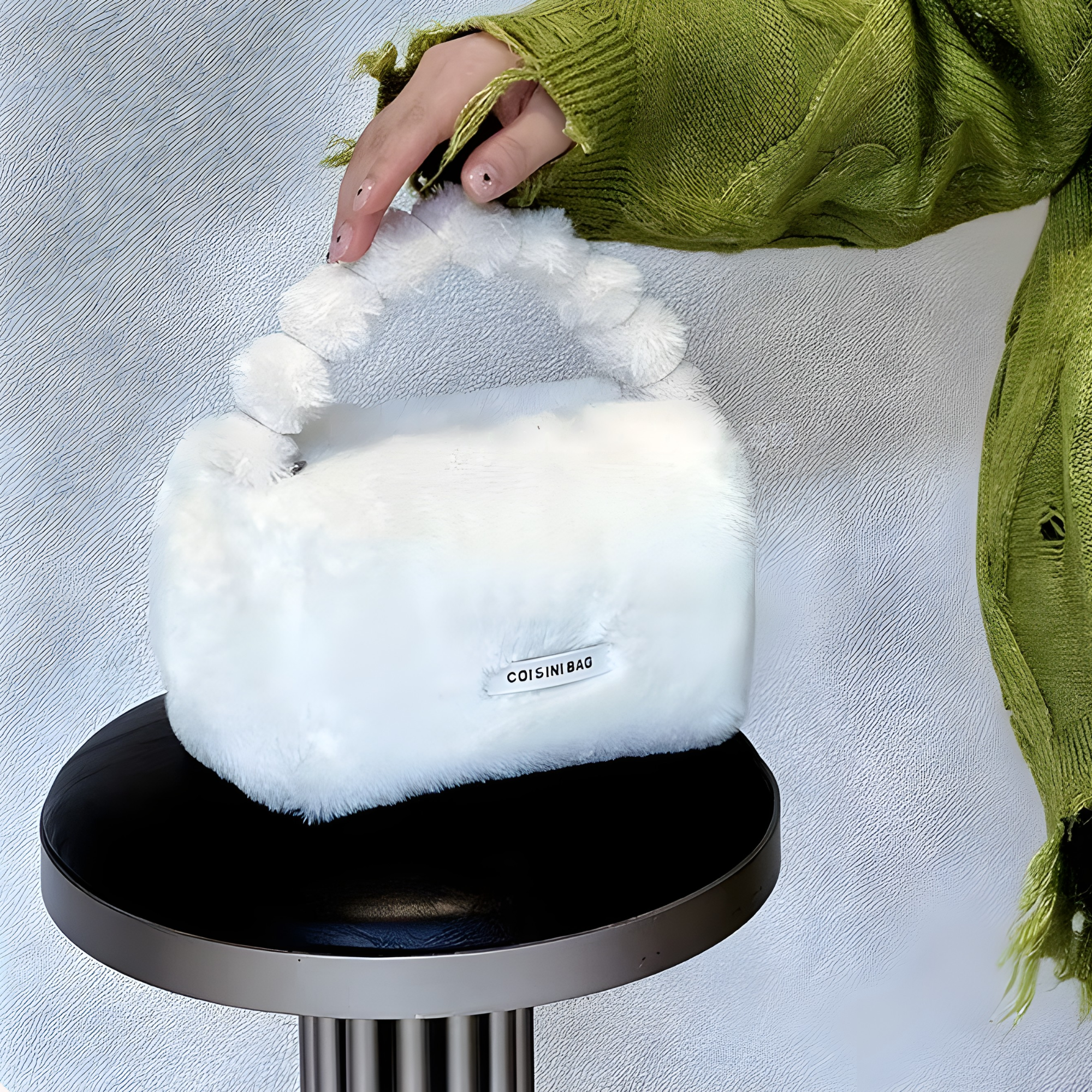 Best1 luxury fluffy faux fur cosmetic bag in soft pink, perfect for travel makeup storage and organization.