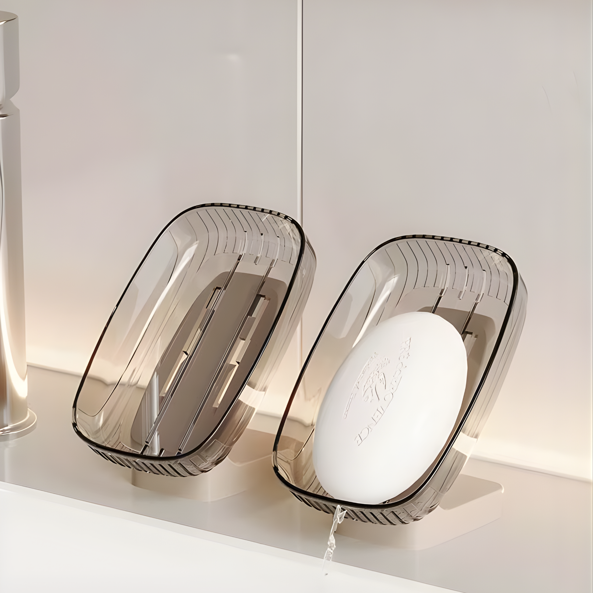 Best1 wall mounted transparent soap box, modern design, showcasing a pack of 2 in a bathroom setting with no drill installation.