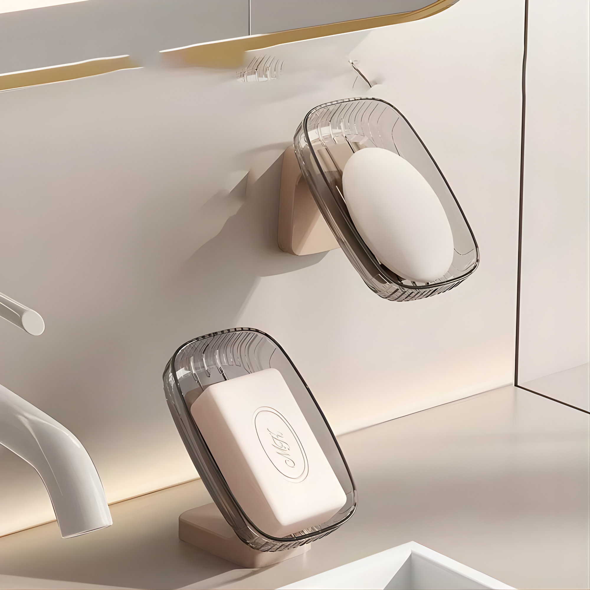 Best1 wall mounted transparent soap box, no drill design, two-pack, ideal for modern bathroom organization.