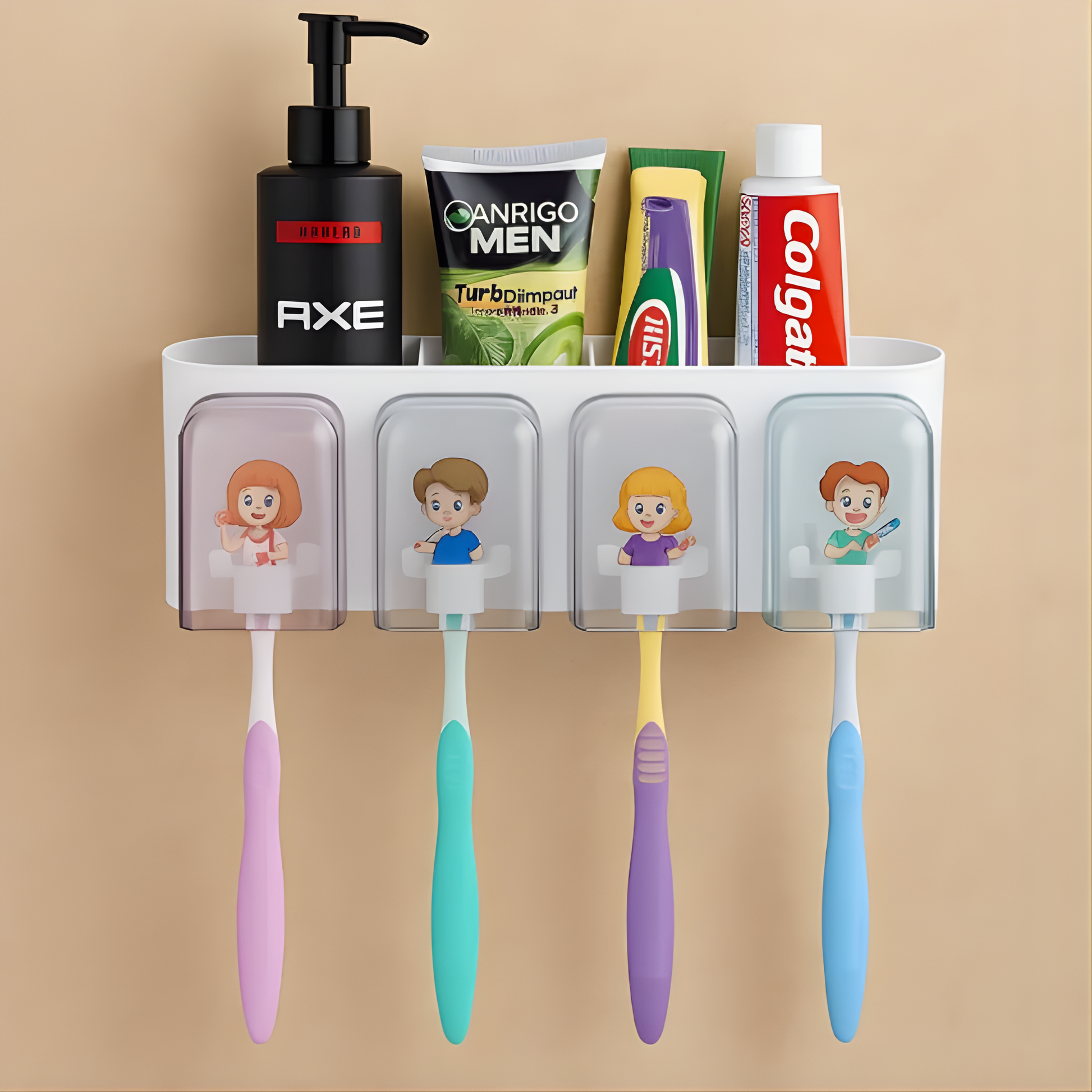 Best1 wall mounted toothbrush holder with four slots and integrated toothpaste dispenser in a modern bathroom setting.