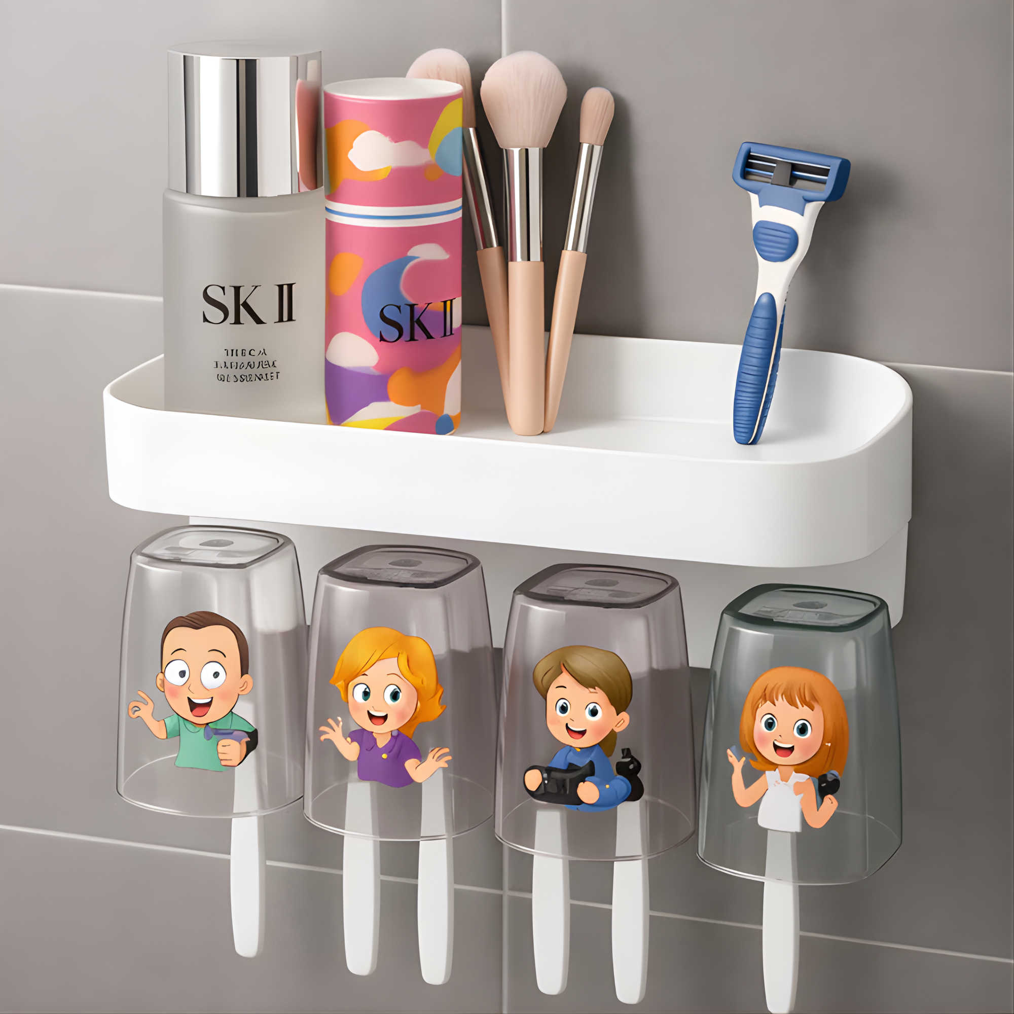 Best1 wall mounted toothbrush holder with 4 slots and toothpaste dispenser in a modern bathroom setting.
