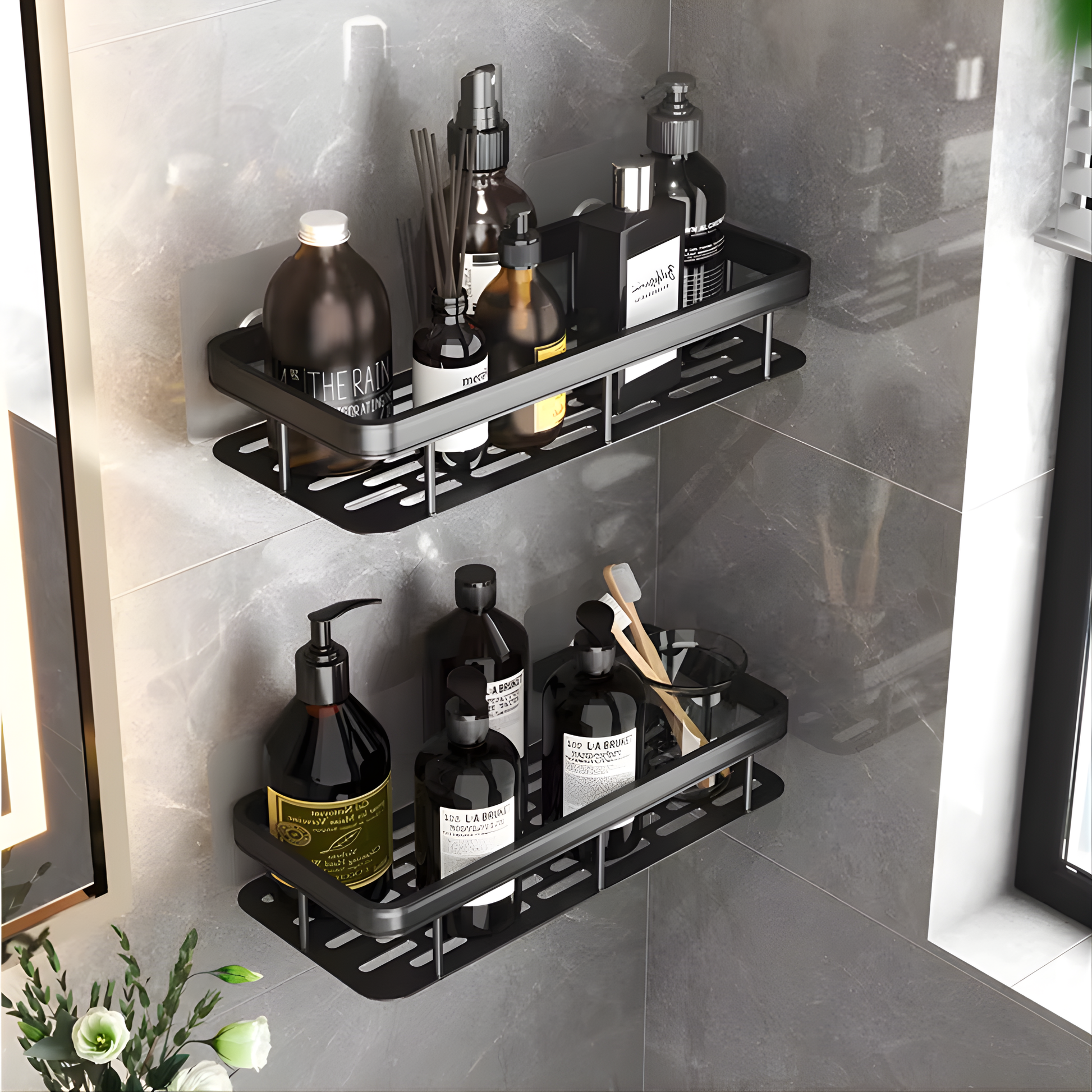 Best1 wall mounted bathroom shelf with adhesive single tier design, featuring organized shower storage for toiletries.