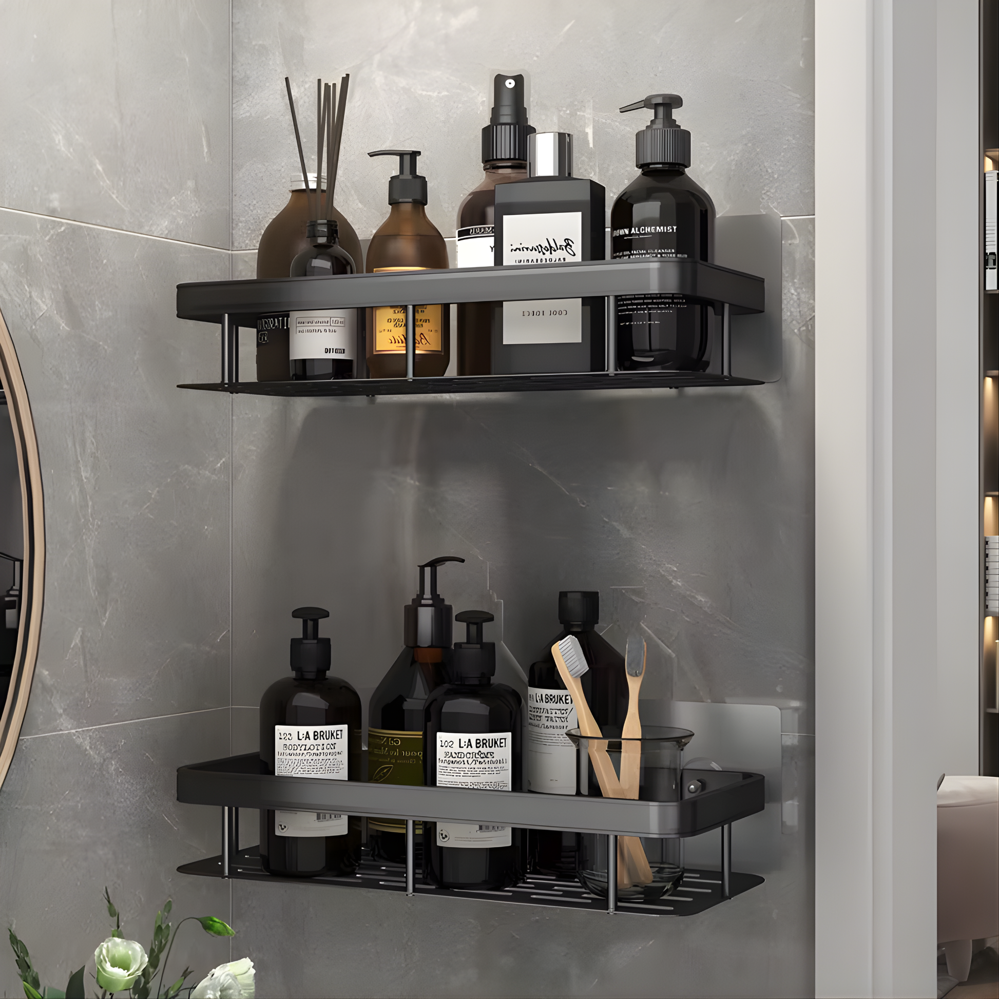 Best1 wall mounted bathroom shelf with adhesive, featuring a single tier for organized shower storage.