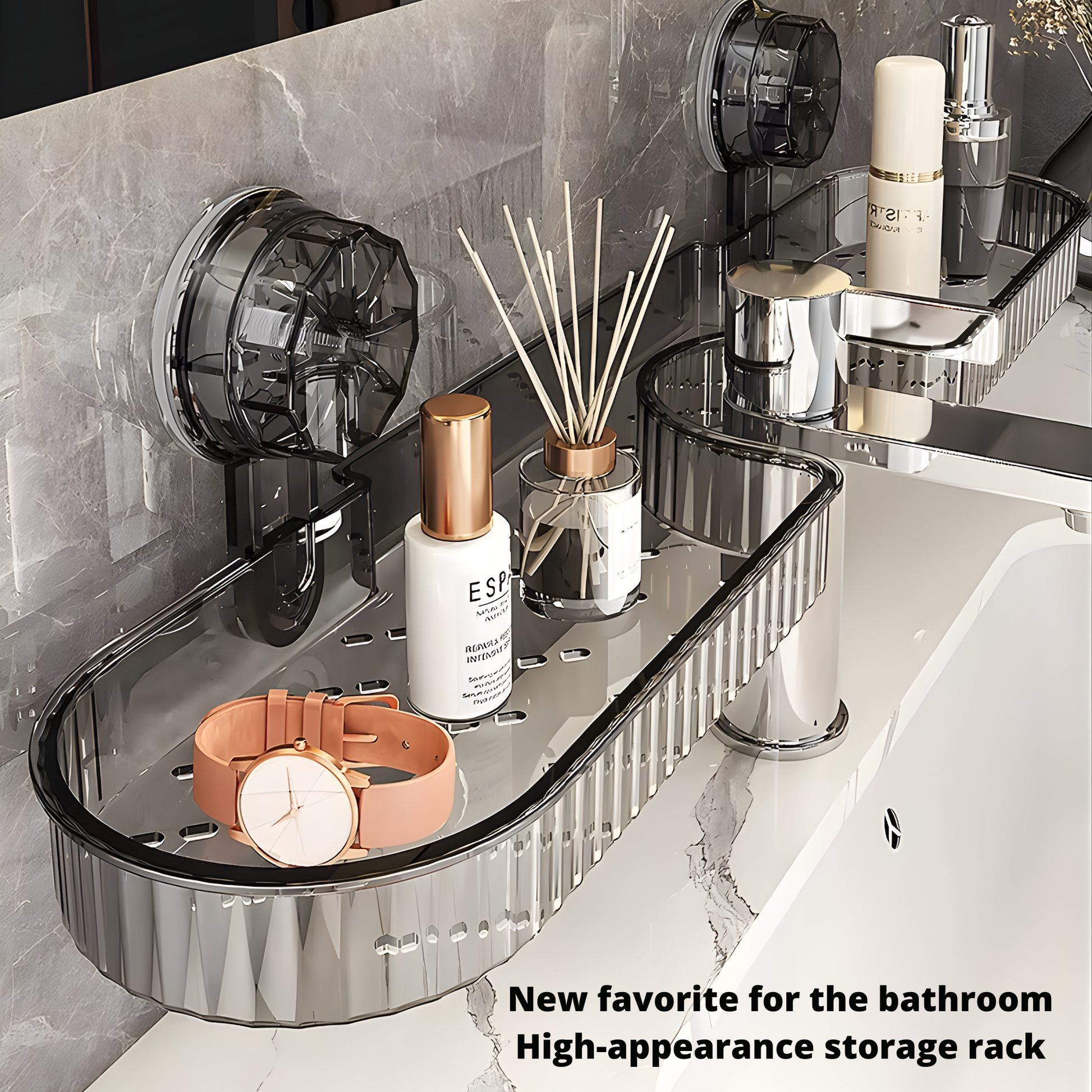Best1 wall mounted sink storage rack with suction cups, organizing bathroom essentials in a sleek plastic design.