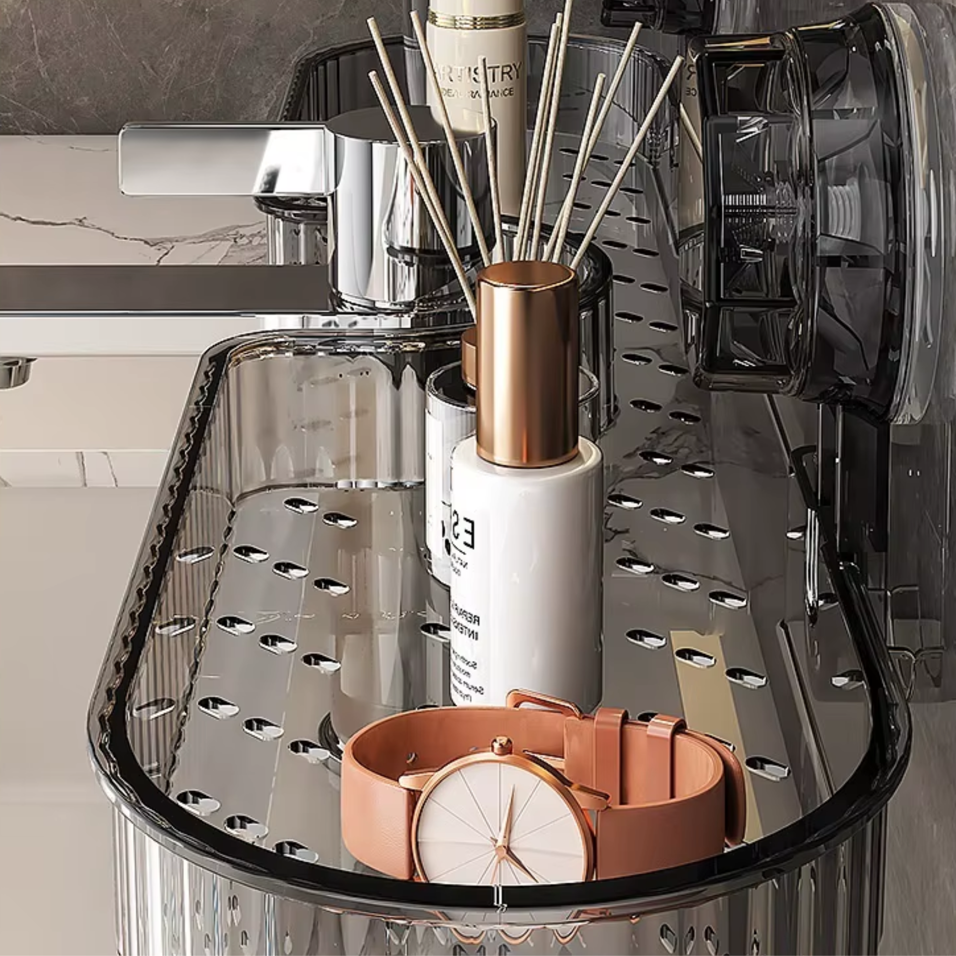 Best1 wall mounted sink storage rack with suction cups, designed for organizing faucets in bathrooms and washrooms.